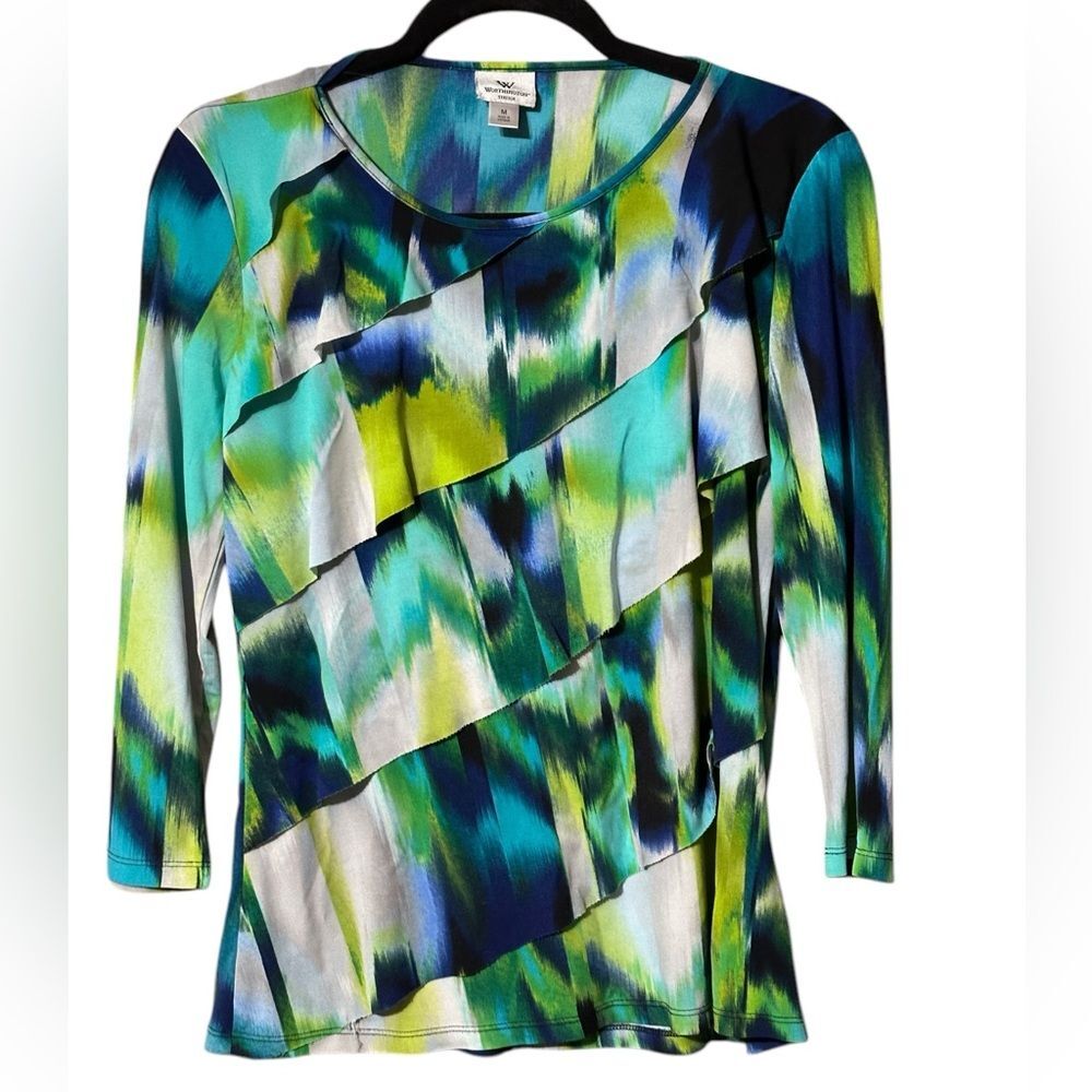 Worthington Asymmetrical Blue Green Long Sleeve Top Sz M